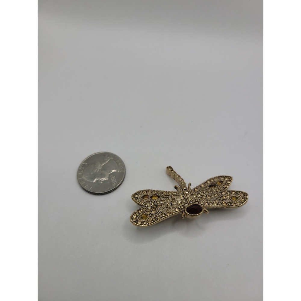 Vintage Monet Dragonfly Brooch Gold Tone Amber Rhinestone Insect Figural Pin Sig - Picture 11 of 12